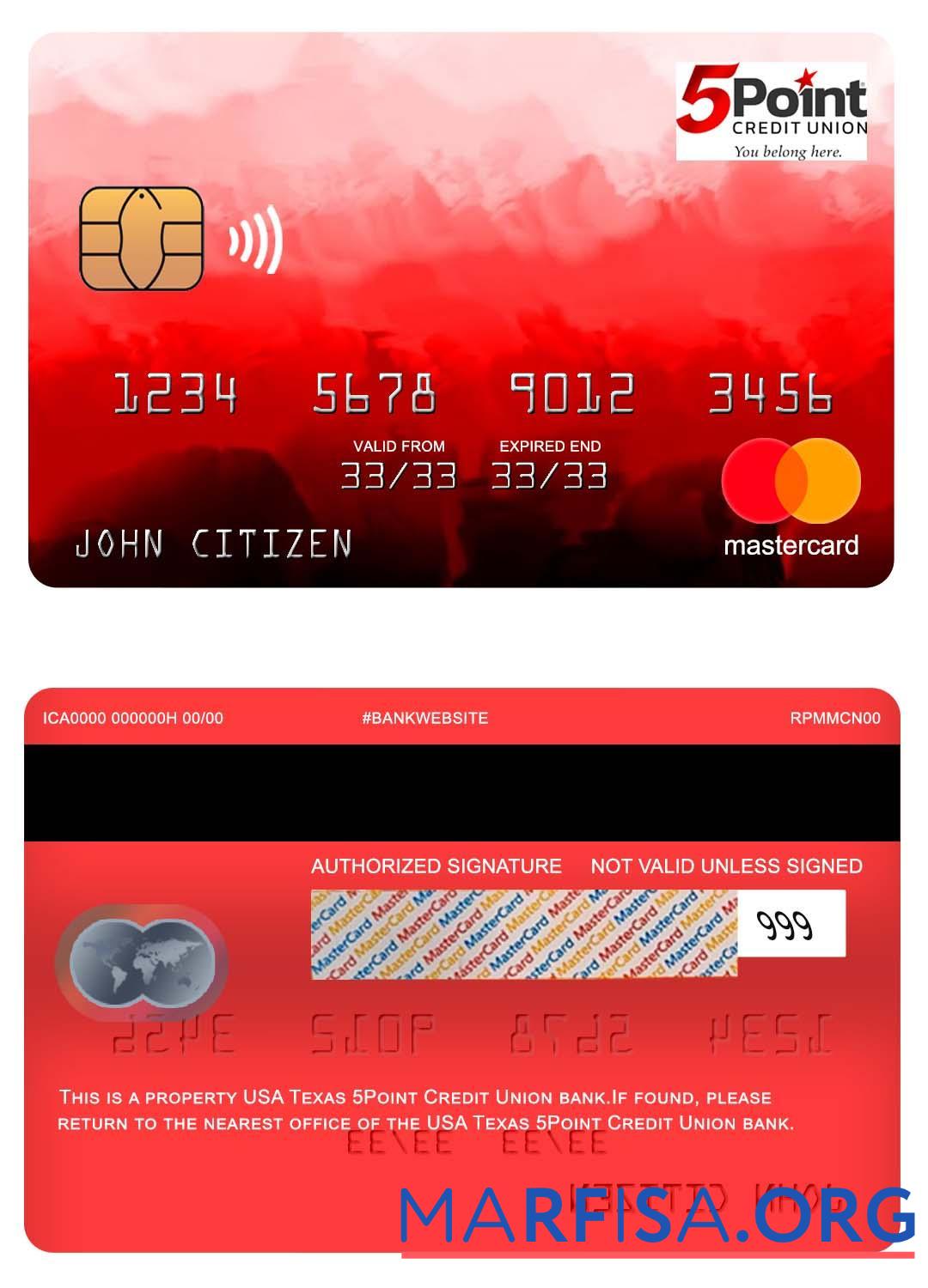 Printable USA Texas 5Point Credit Union bank mastercard template